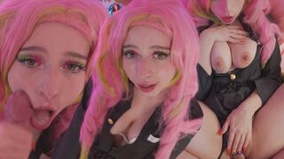 Mitsuri kanroji cosplayben komálja a fasznak a lyukait és bazinagy arconlövellést kap